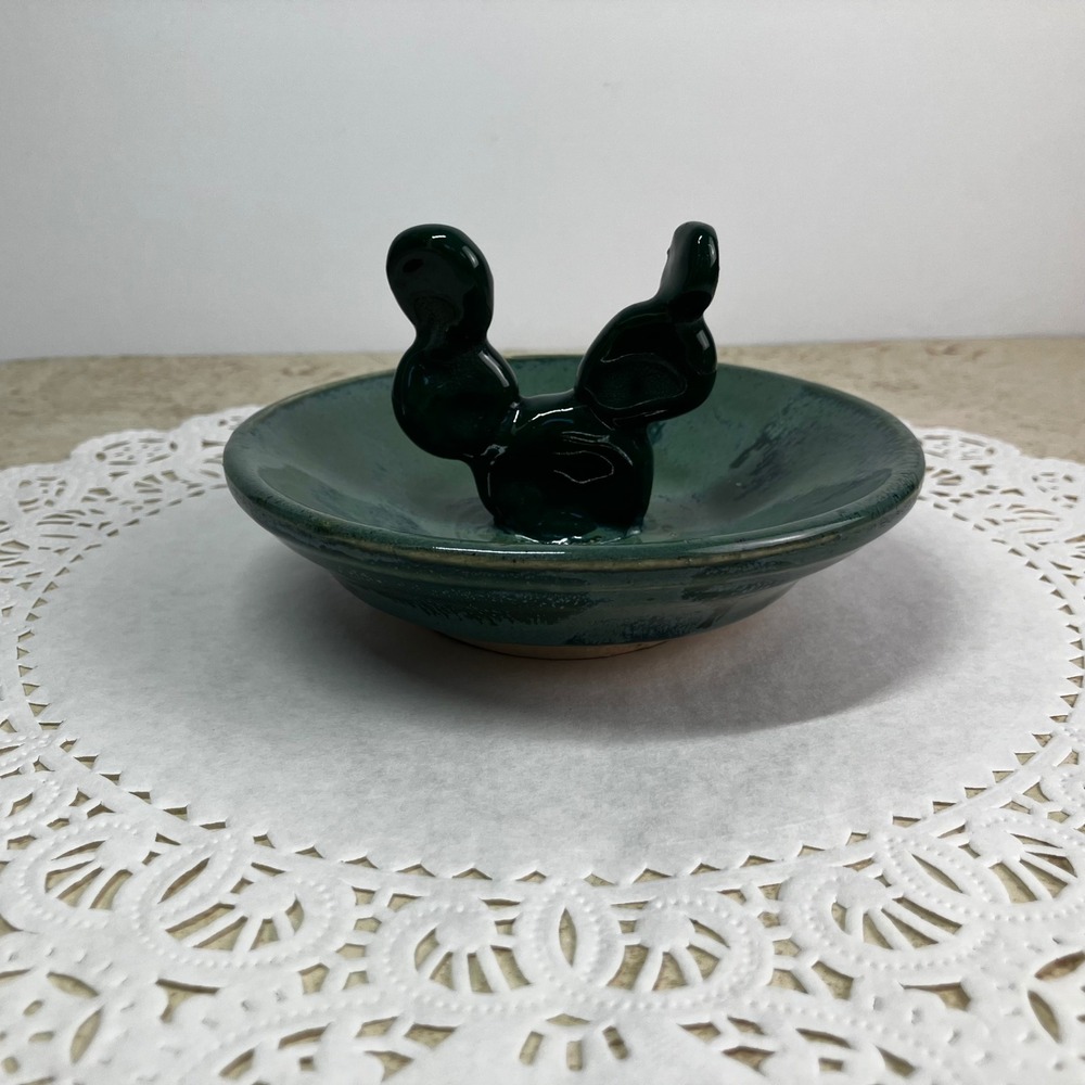 Studio Pottery Prickly Pear Ring Dish 4in Teal Green Handmade Ceramic Signed TCS